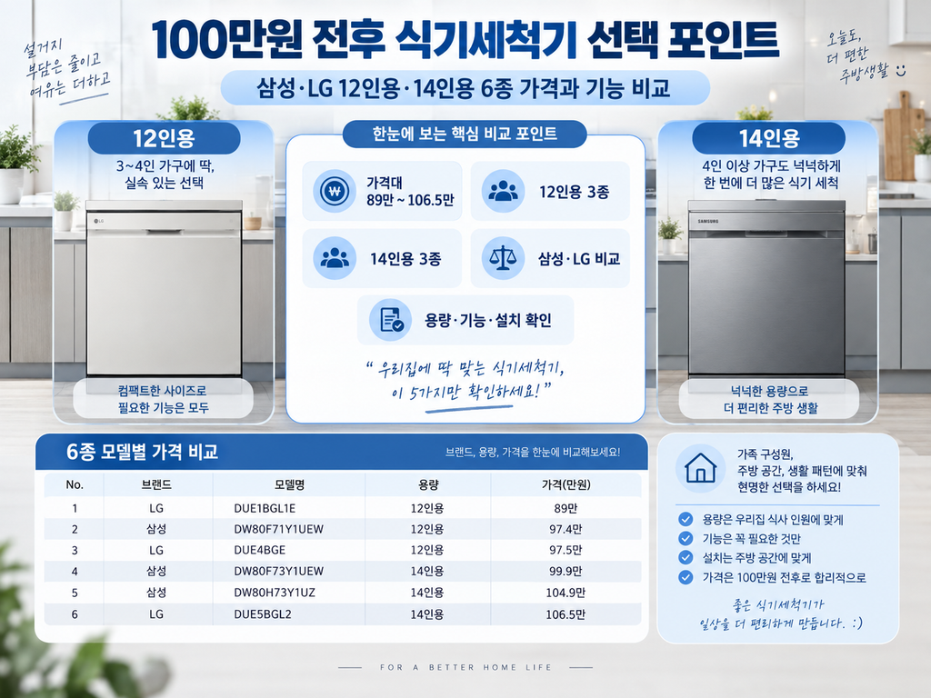 100만원 전후 식기세척기 추천 6종 비교, 삼성·LG 12인용·14인용 가격과 기능 차이