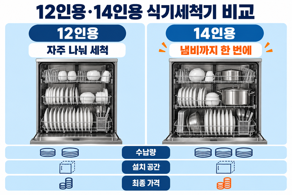 14인용 식기세척기 추천, 4인 가족 수납량과 12인용 크기·가격 차이