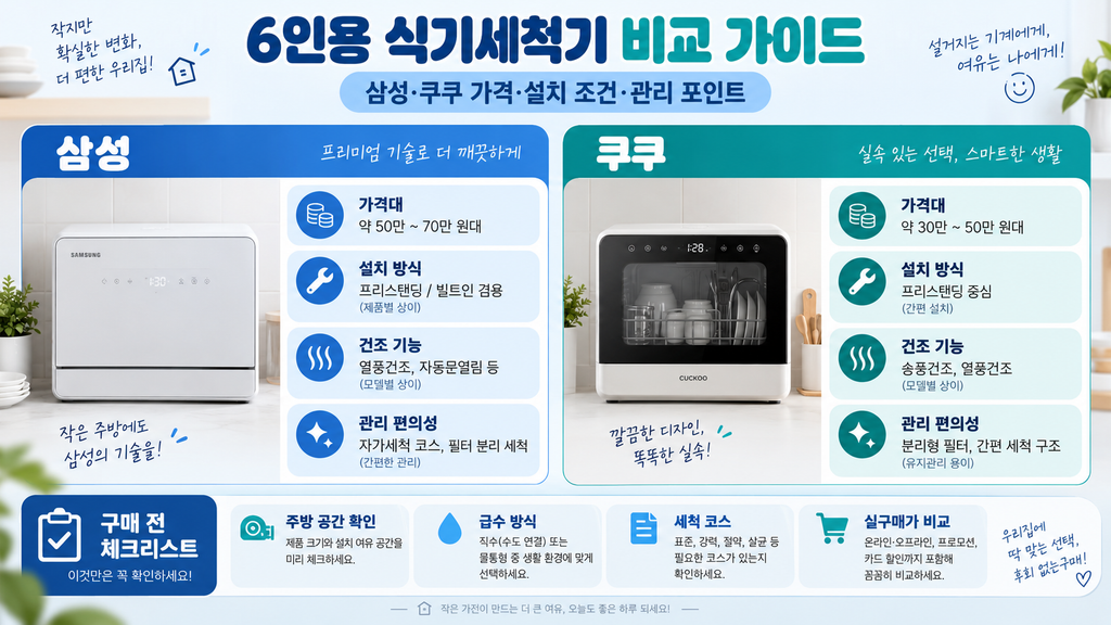 6인용 식기세척기 추천 비교, 삼성·쿠쿠 가격·설치·관리 방법 정리