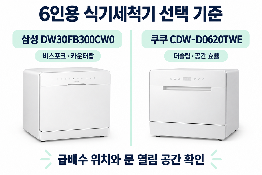 6인용 식기세척기 추천, 삼성 DW30FB300CW0·쿠쿠 CDW-D0620TWE 가격 설치 비교