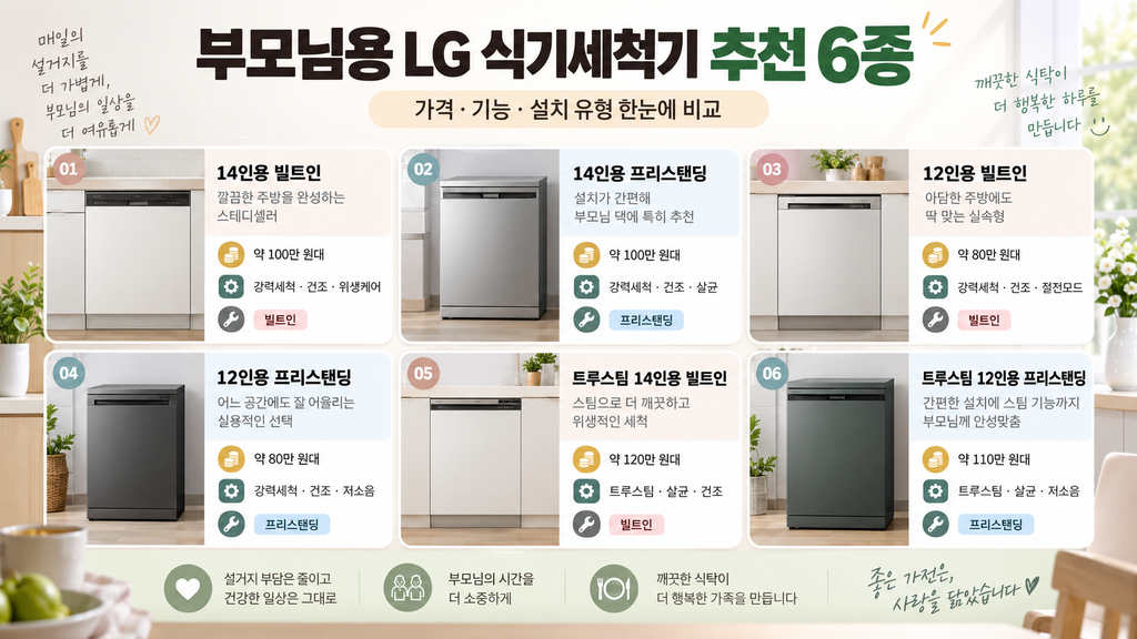 부모님 선물 추천 LG 식기세척기 6종, 가격·기능·설치 유형 비교