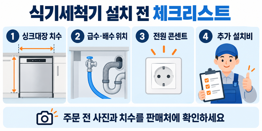 식기세척기 설치 조건, 싱크대장 철거·급배수·추가 설치비 확인 방법