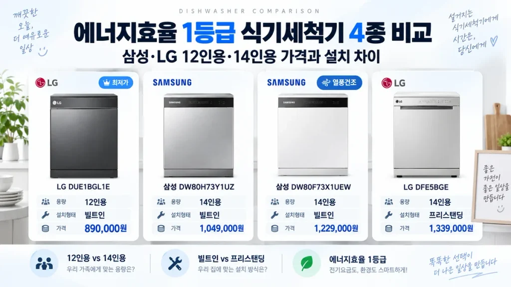 에너지효율 1등급 식기세척기 추천 4종 비교, 삼성·LG 12인용·14인용 가격과 설치 차이