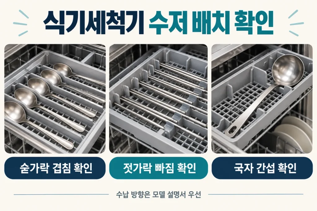 식기세척기 수저 넣는 방법, 숟가락 겹침·젓가락 빠짐·국자 배치 확인