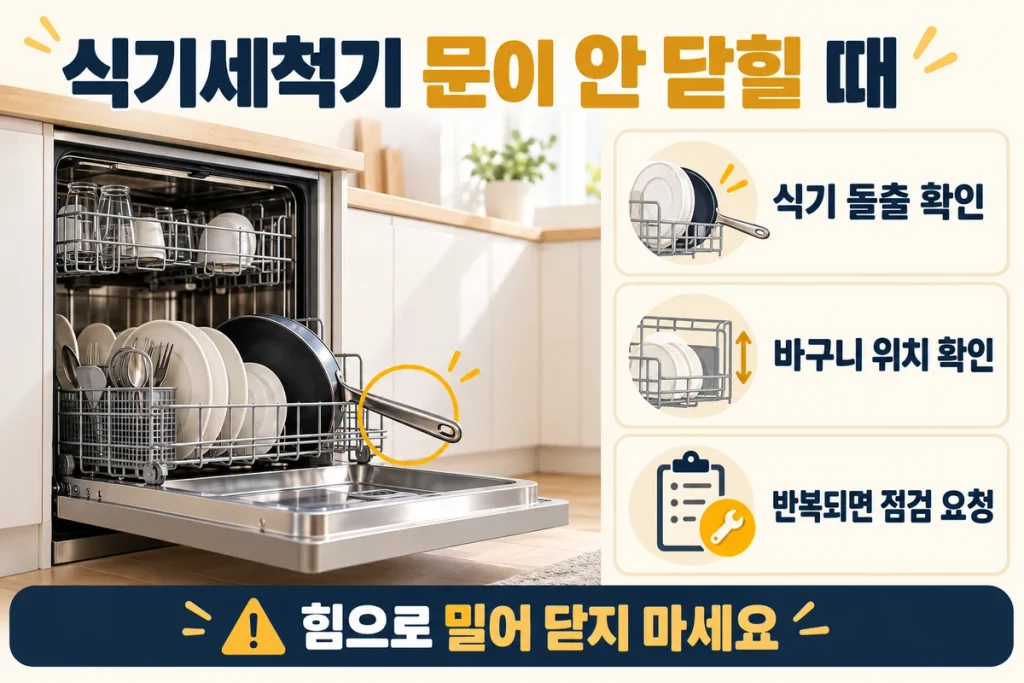 식기세척기 문이 안 닫힐 때, 식기 돌출·바구니 위치·점검 요청 기준