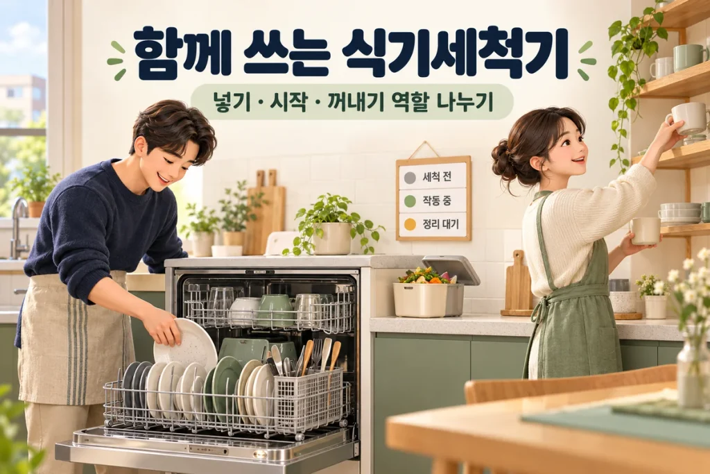 식기세척기 가족 사용 규칙, 넣기·시작·꺼내기 담당과 상태 표시 정하기