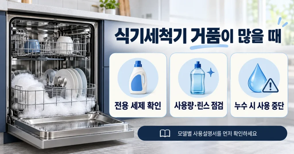 식기세척기 거품이 너무 많이 생길 때, 일반 주방세제 유입과 사용 전 확인사항