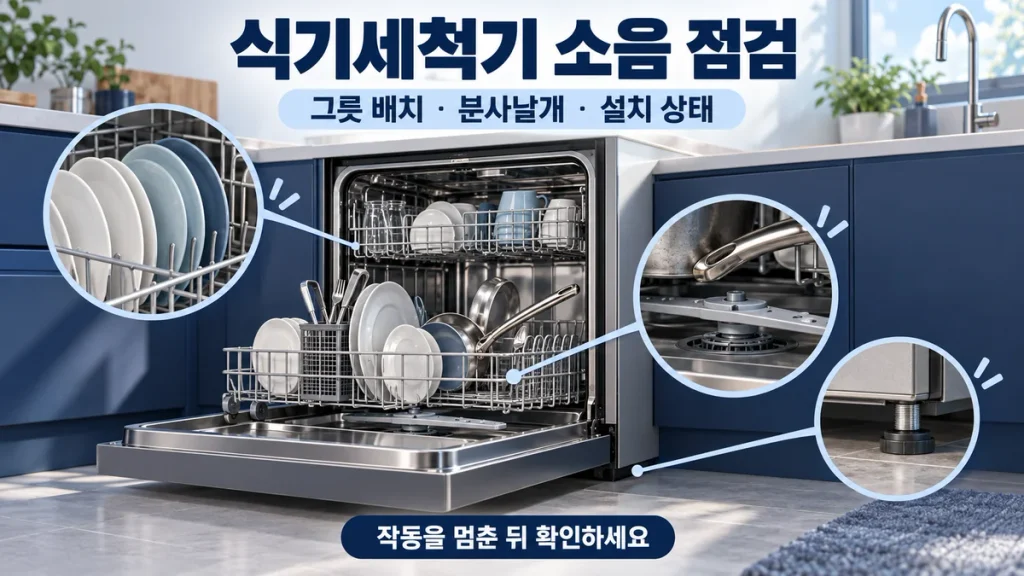 식기세척기 소음이 갑자기 커졌을 때, 그릇 부딪힘·분사날개·설치 상태 확인 순서