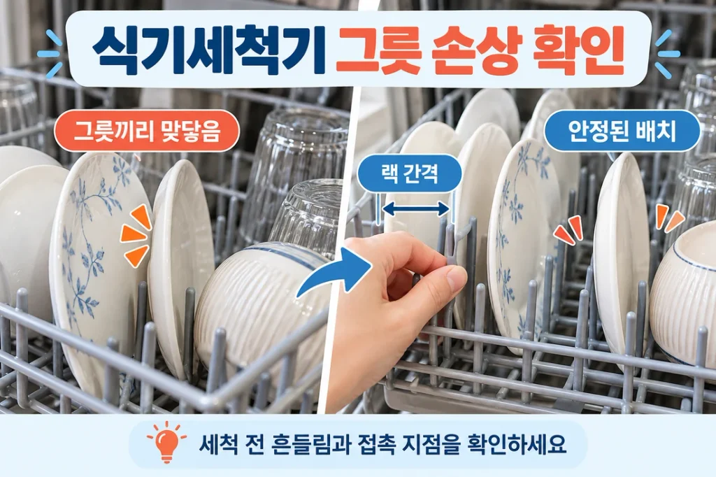 식기세척기 그릇에 긁힘·이 빠짐이 보일 때, 맞닿음과 배치 확인