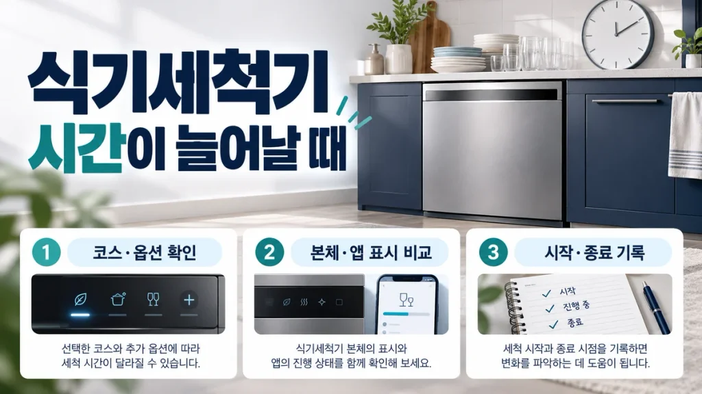 식기세척기 시간이 늘어날 때, 코스·건조 옵션·앱 표시 확인 순서