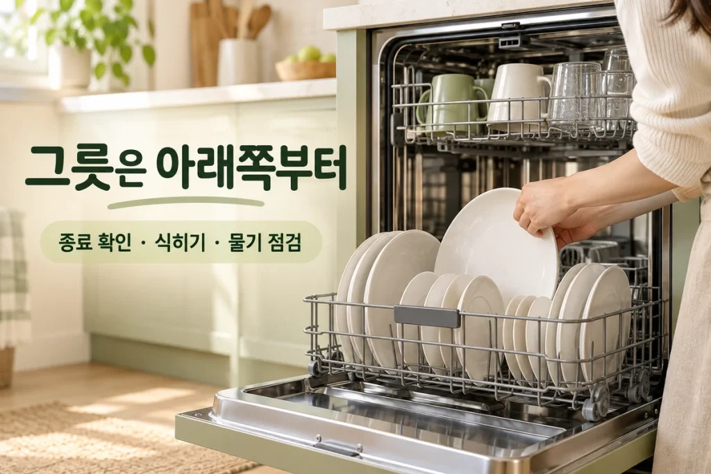 식기세척기 그릇 꺼내는 순서, 아래 바구니부터 물기 없이 정리하는 방법