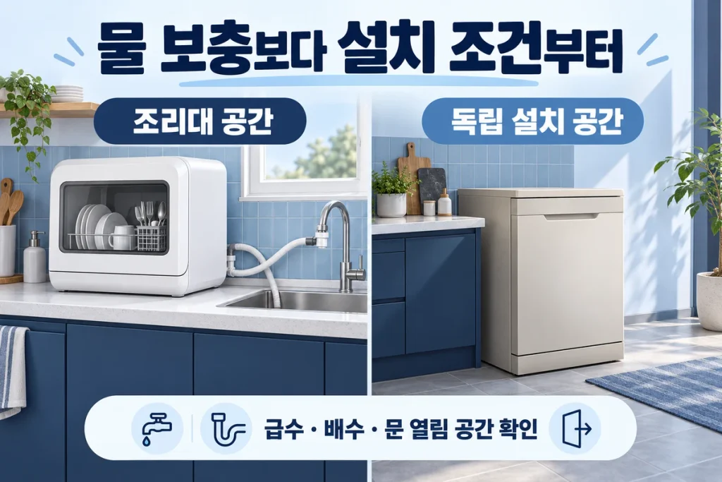 수도 연결형 식기세척기 비교, 물 보충이 부담될 때 삼성 6인용·LG 14인용 선택법