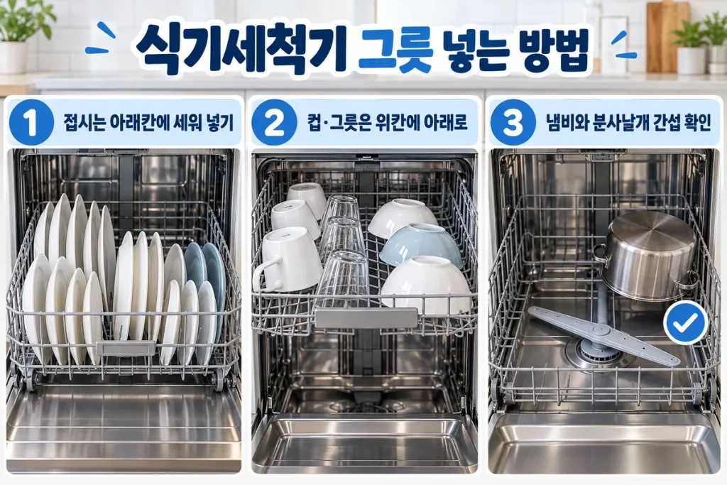 식기세척기 그릇 넣는 방법, 접시·컵·냄비 배치와 분사날개 점검 순서