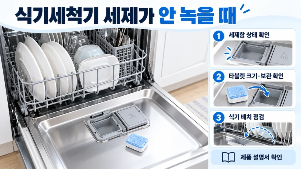 식기세척기 세제가 안 녹을 때, 세제함·타블렛·식기 배치 점검 순서