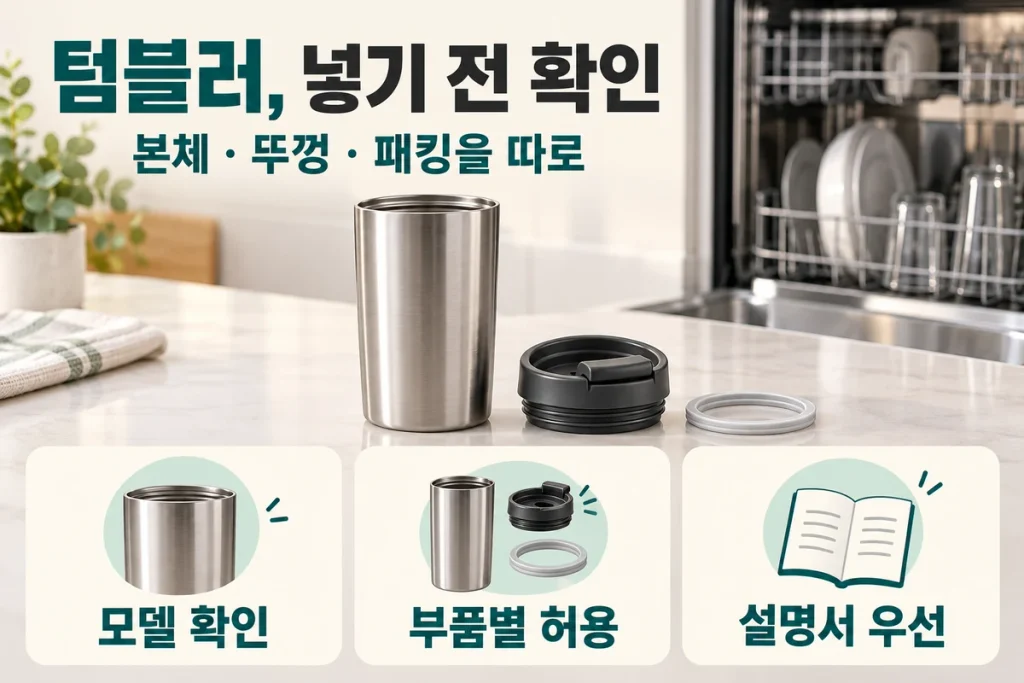 텀블러 식기세척기 사용 전 확인, 본체·뚜껑·패킹 세척과 건조 방법